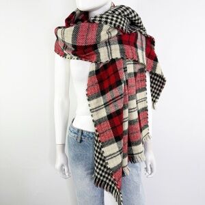 Steve Madden Red Black Plaid Blanket Scarf One Size Winter Christmas Holiday